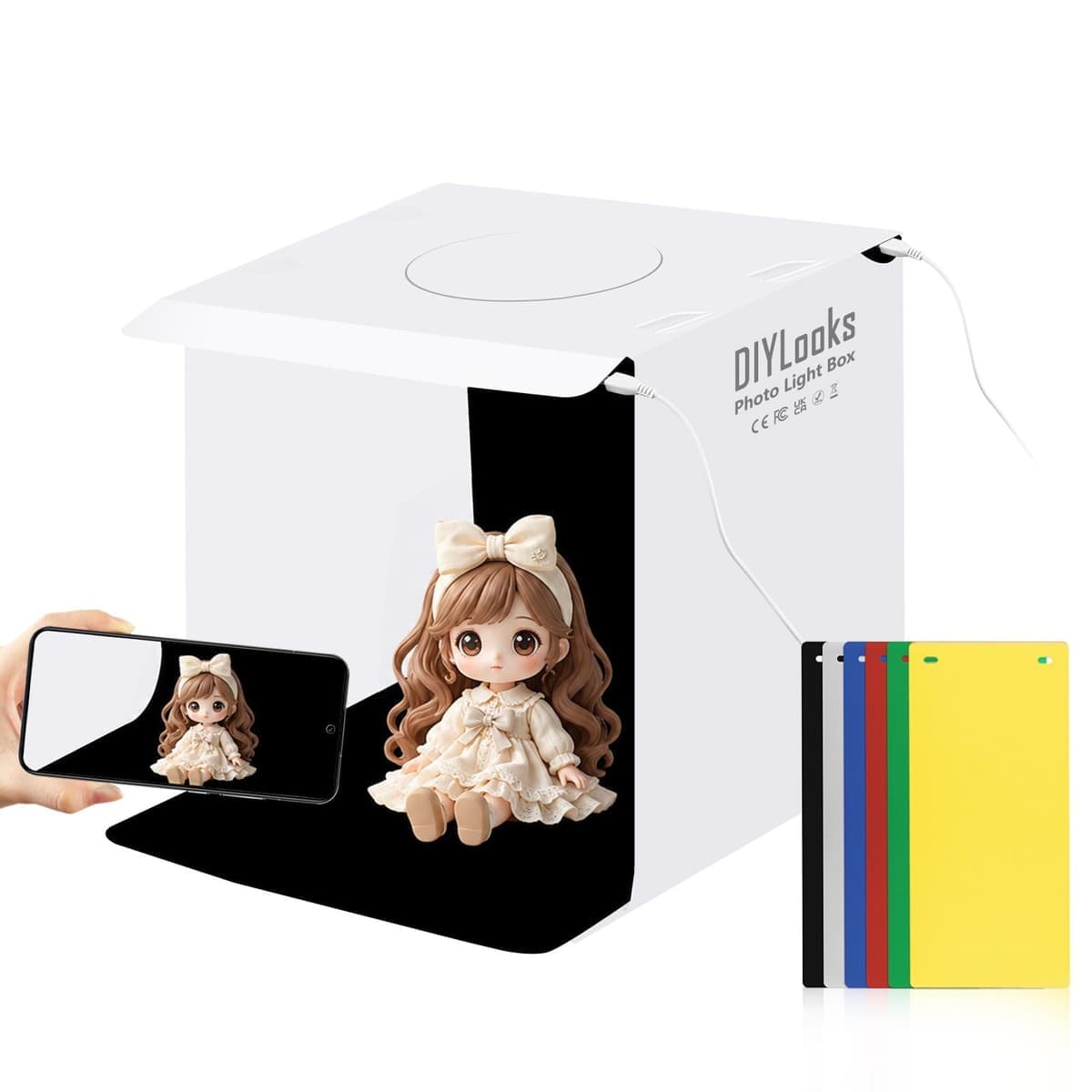 DIYLooks 20cm Include 2 LED Panels Folding Portable 1100LM Light Photo Lighting Studio Shooting Tent Box Kit with 6 Colors Backdrops (Black, White, Yellow, Red, Green, Blue), Unfold Size: 24cm x 23cm x 23cm