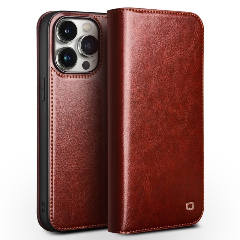 For iPhone 15 Pro Max QIALINO Classic Genuine Leather Phone Case