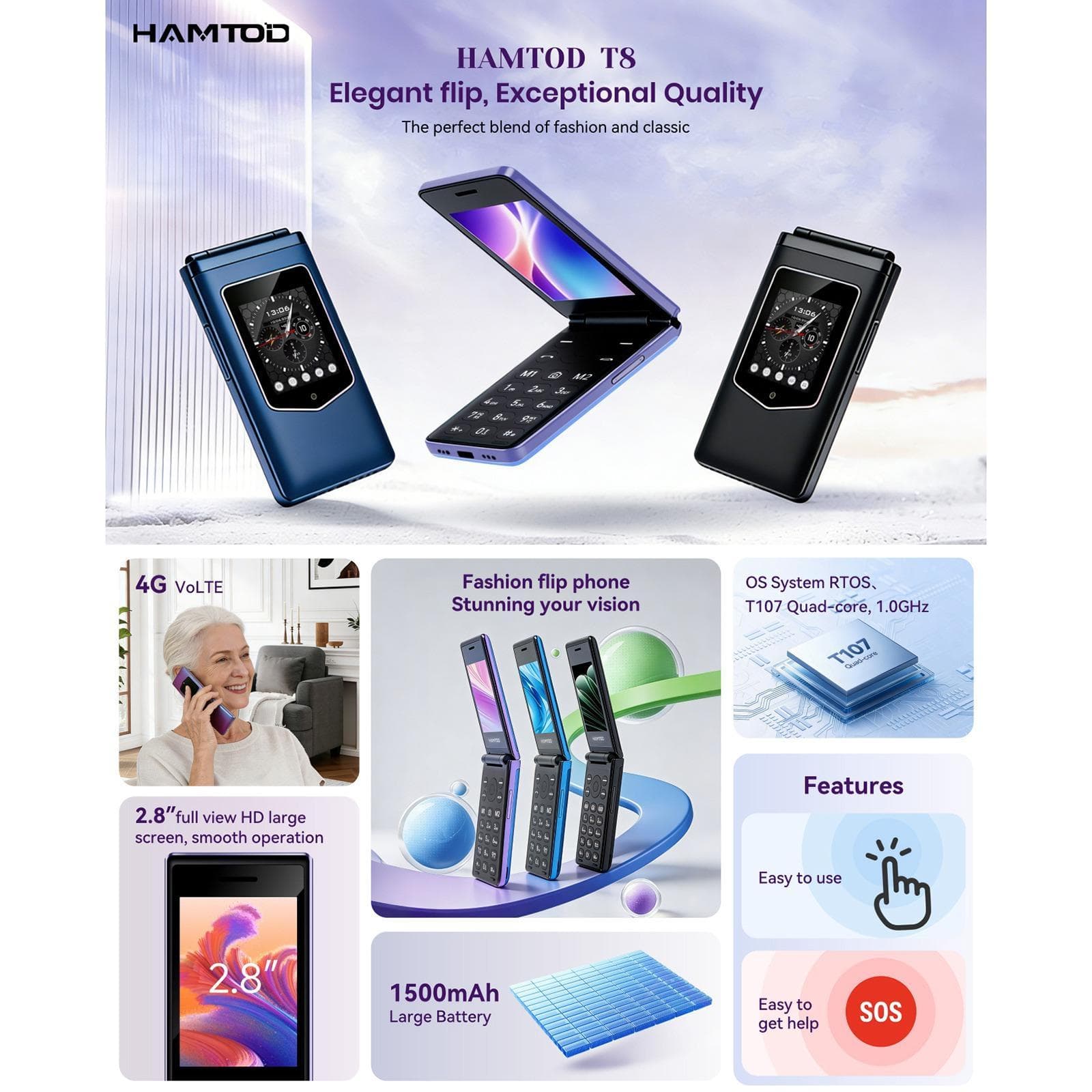HAMTOD T8 4G Flip Phone, EU Version, 2.8 inch + 1.77 inch, VoLTE, BT, SOS, OTG (Purple)