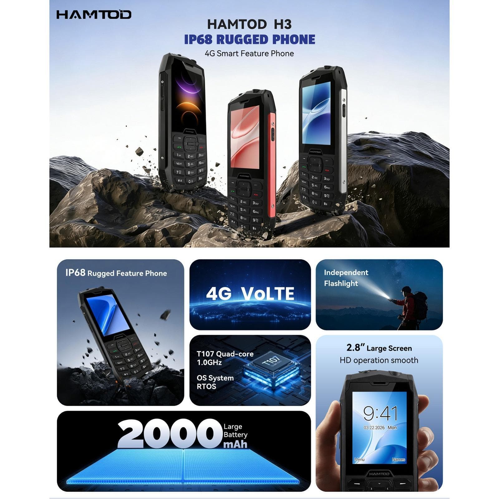 HAMTOD H3 Rugged Phone, EU Version, 2.8 inch T107 ARM CortexTM A7 Quad-core 1.0GHz, Network: 4G, VoLTE, BT, SOS (Black)