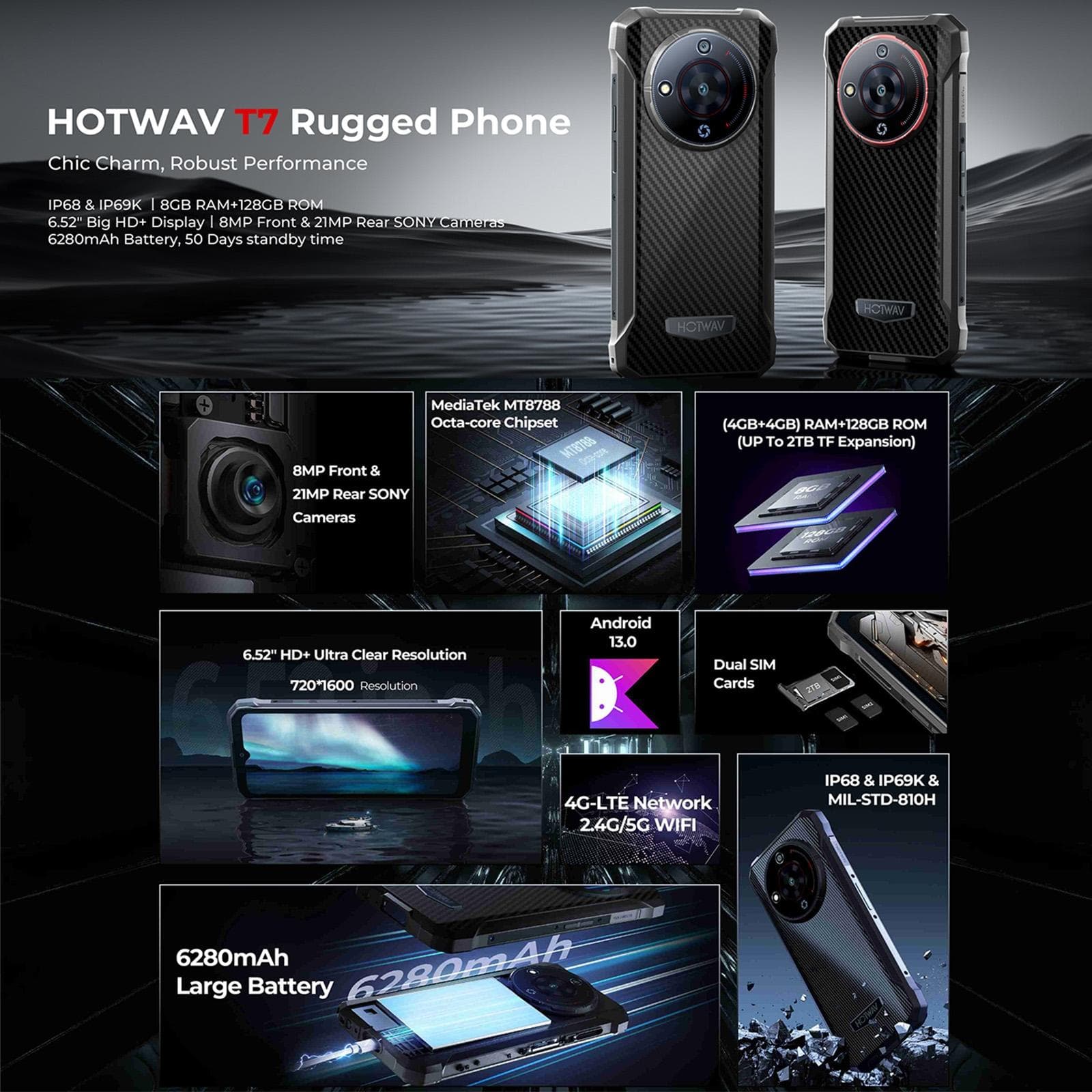 HOTWAV T7 Rugged Phone, 4GB+128GB, 6280mAh, 6.52 inch Android 13 MT8788 Octa Core, Network: 4G, OTG