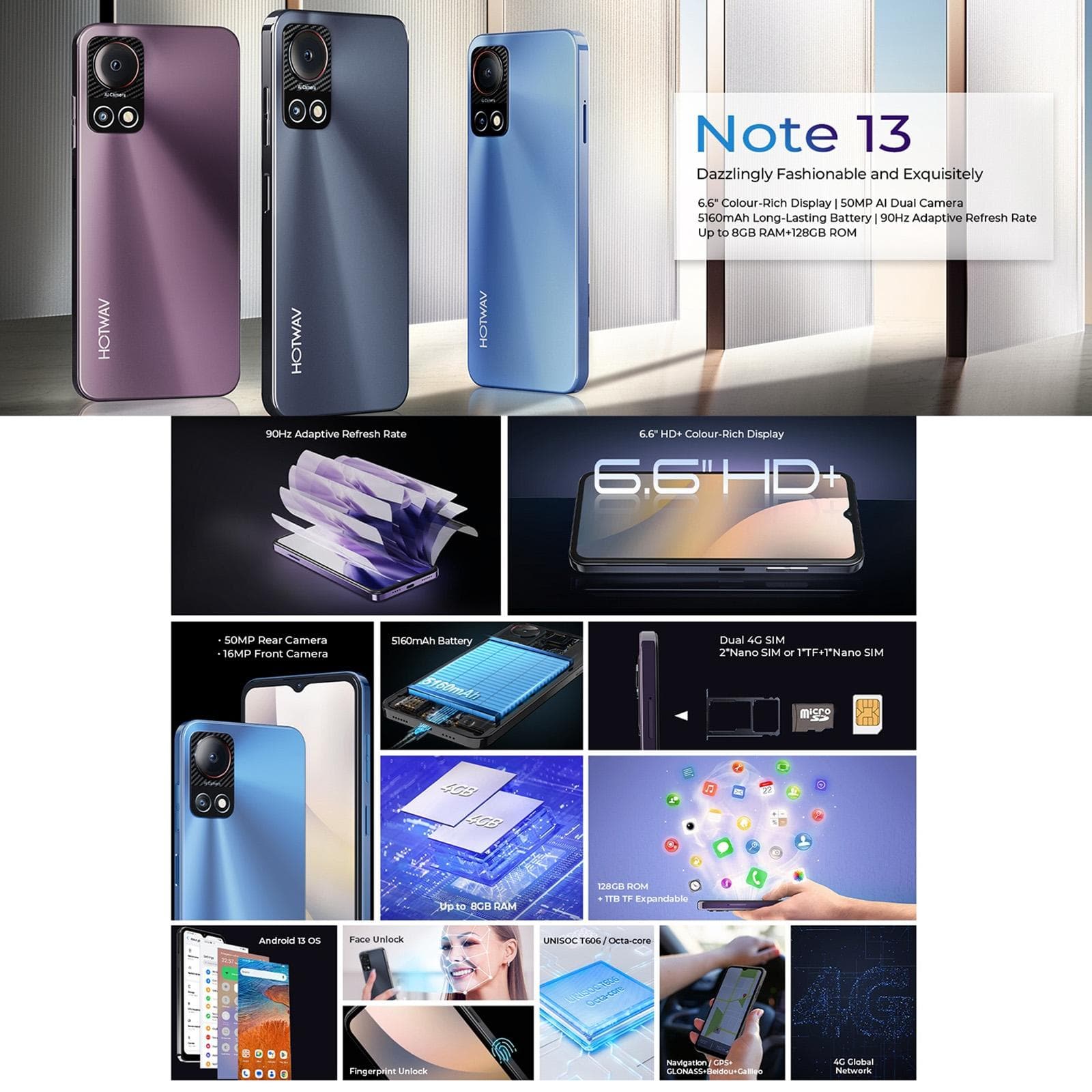 HOTWAV Note 13, 4GB+128GB, Side Fingerprint Identification, 6.6 inch Android 13 T606 Octa Core up to 1.6GHz, Network: 4G, OTG (Black)