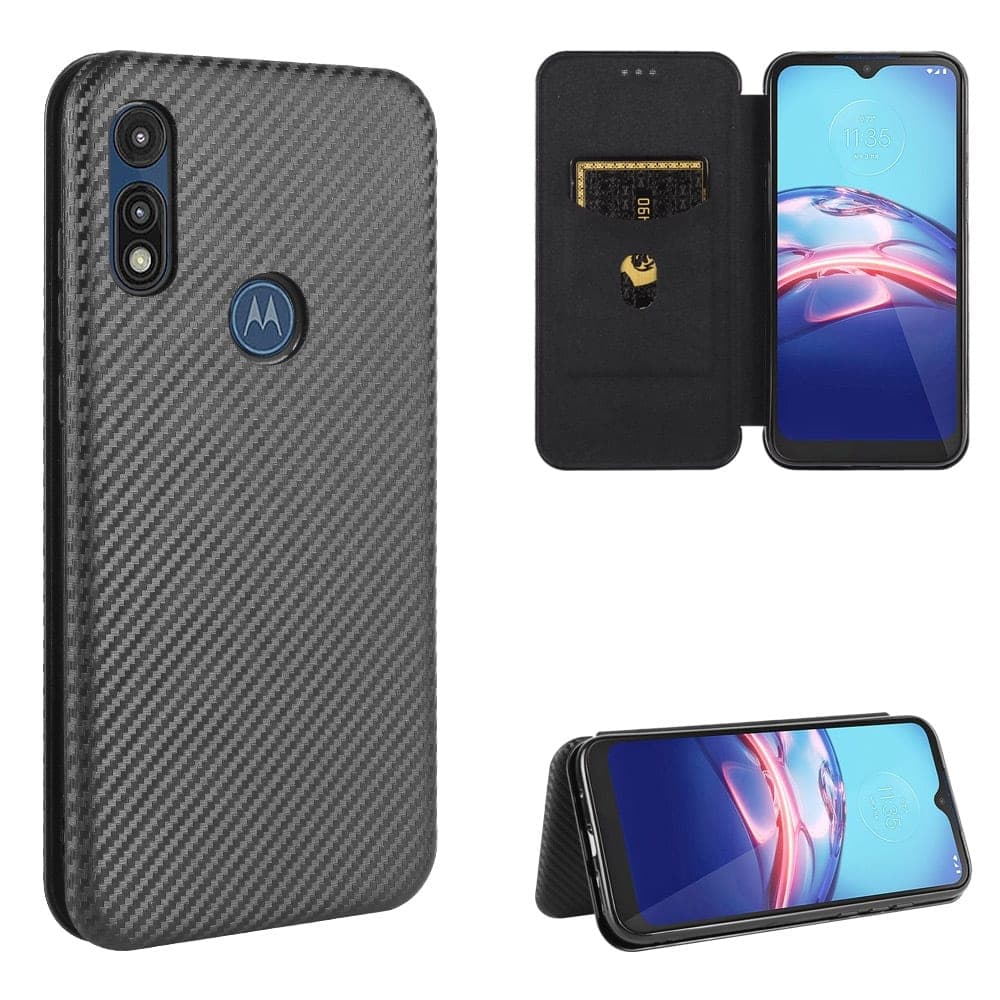 For Motorola Moto E(2020) Carbon Fiber Texture Horizontal Flip TPU + PC + PU Leather Case with Rope & Card Slot (Black)