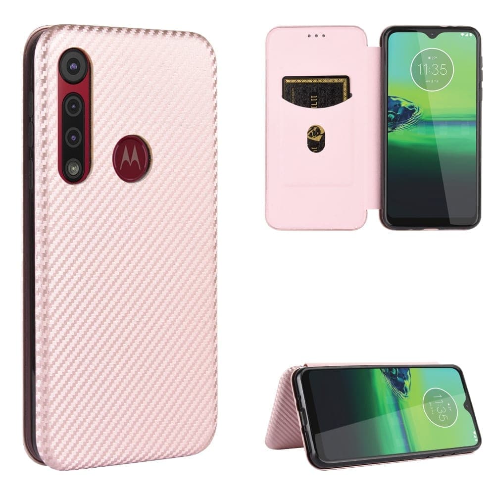 For Motorola Moto One Macro / G8 Play Carbon Fiber Texture Horizontal Flip TPU + PC + PU Leather Case with Rope & Card Slot (Pink)