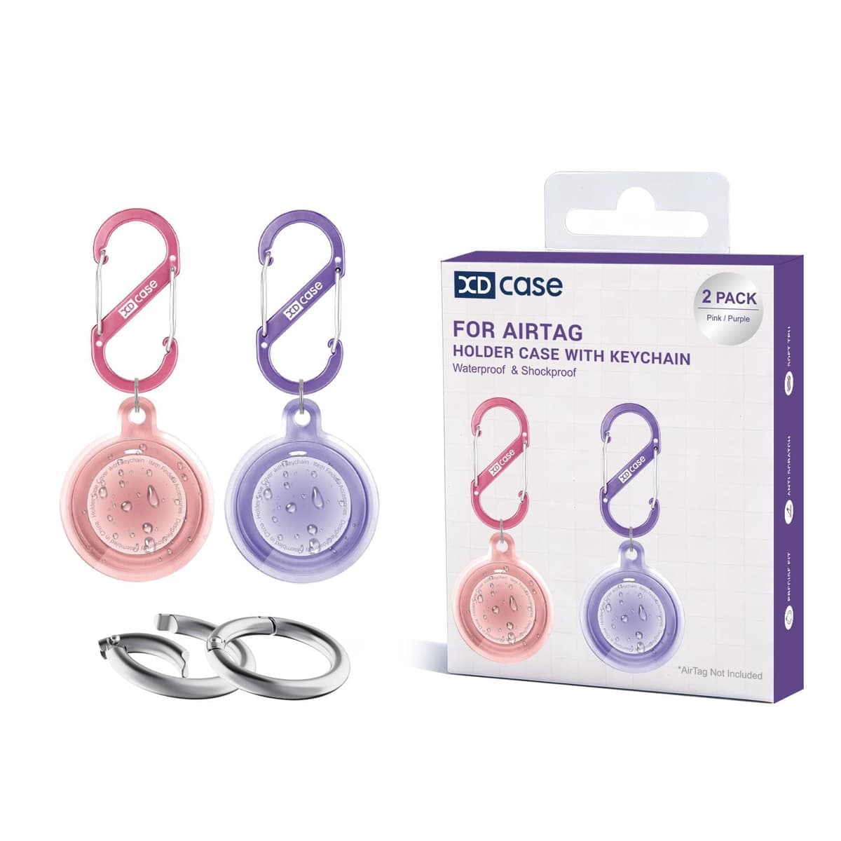 For AirTag 2nd Gen / 1st Gen XDcase 2 Pack Full-cover Waterproof TPU Protective Case with Keychain(Pink+Purple)