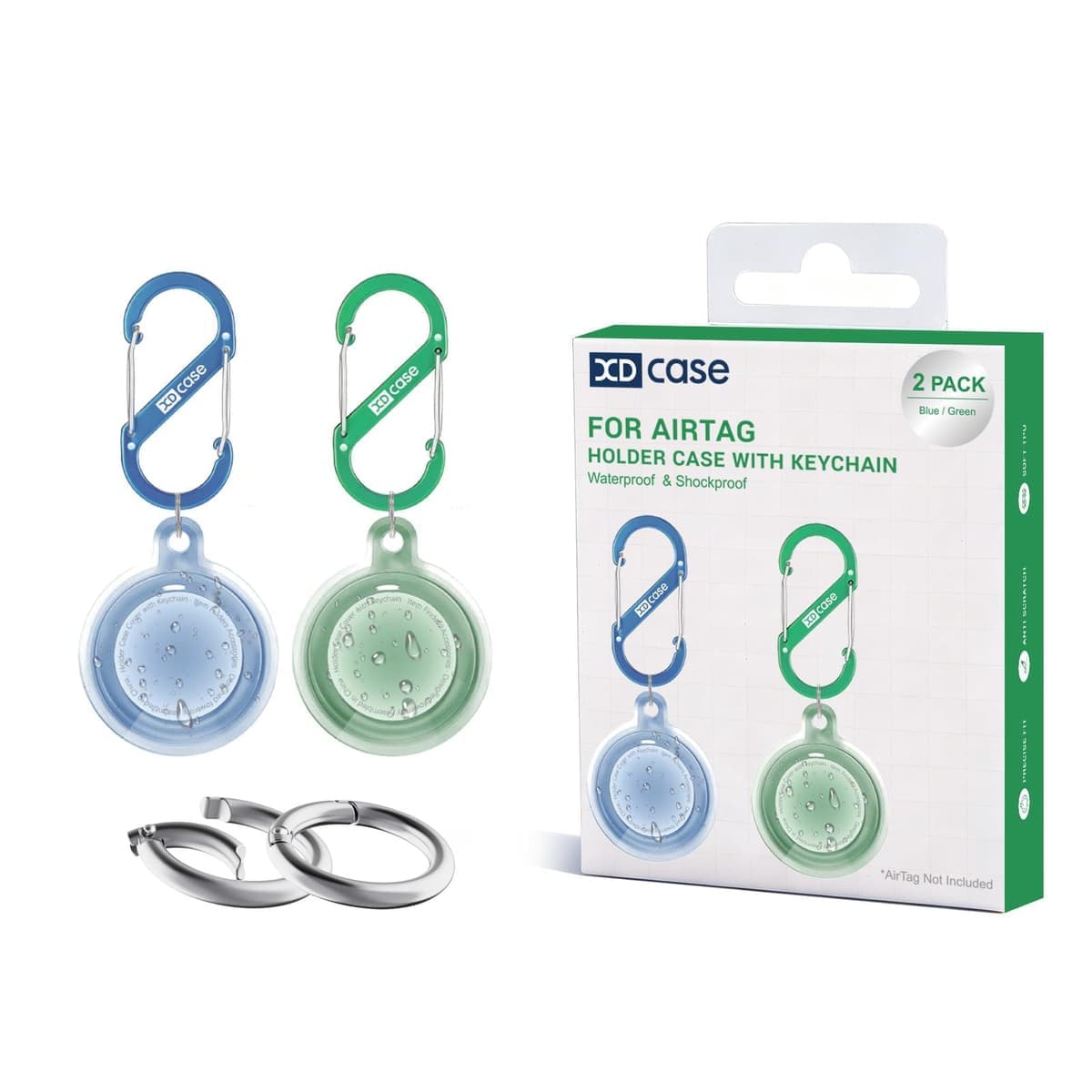 For AirTag 2nd Gen / 1st Gen XDcase 2 Pack Full-cover Waterproof TPU Protective Case with Keychain(Blue+Green)
