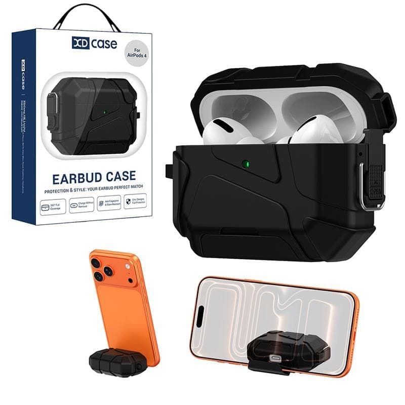 For AirPods 5 / 4 XDcase Football-style Security Lock TPU Earbud Case with Hook & Holder (Black)