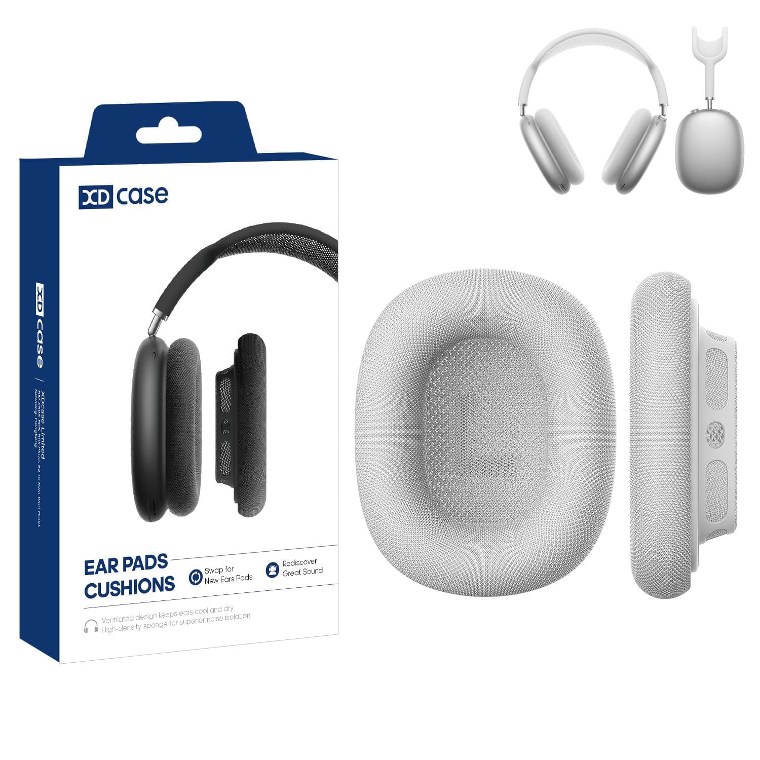 For AirPods Max XDcase 1 Pair Mesh Fabric Magnetic Replacement Sponge Ear Pads (Silver)