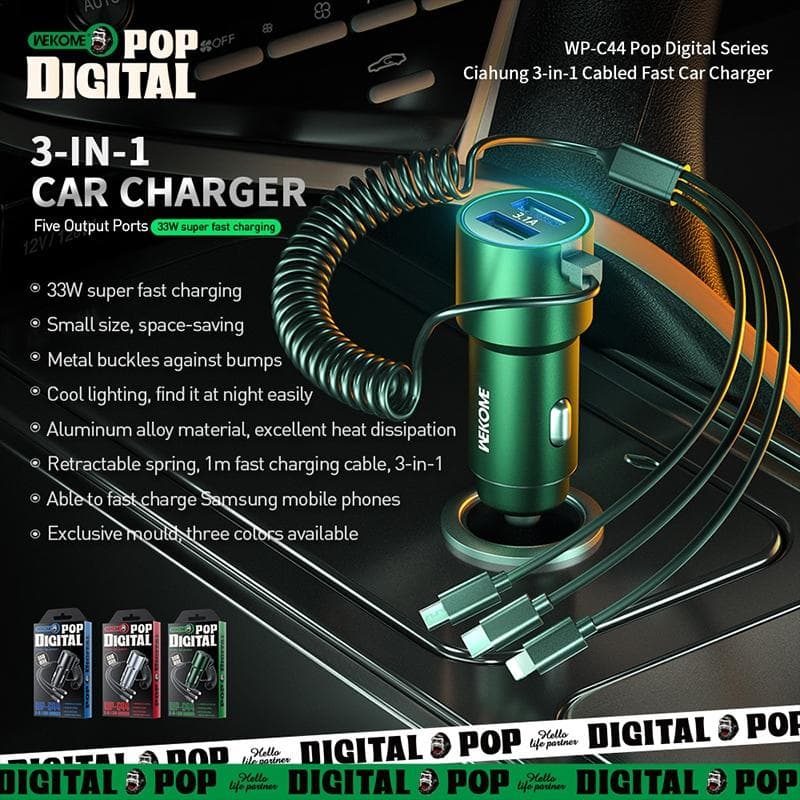 WK WP-C44 Pop Digital Series Ciahung 3-in-1 Cabled 33W Dual-USB Fast Car Charger (Black)