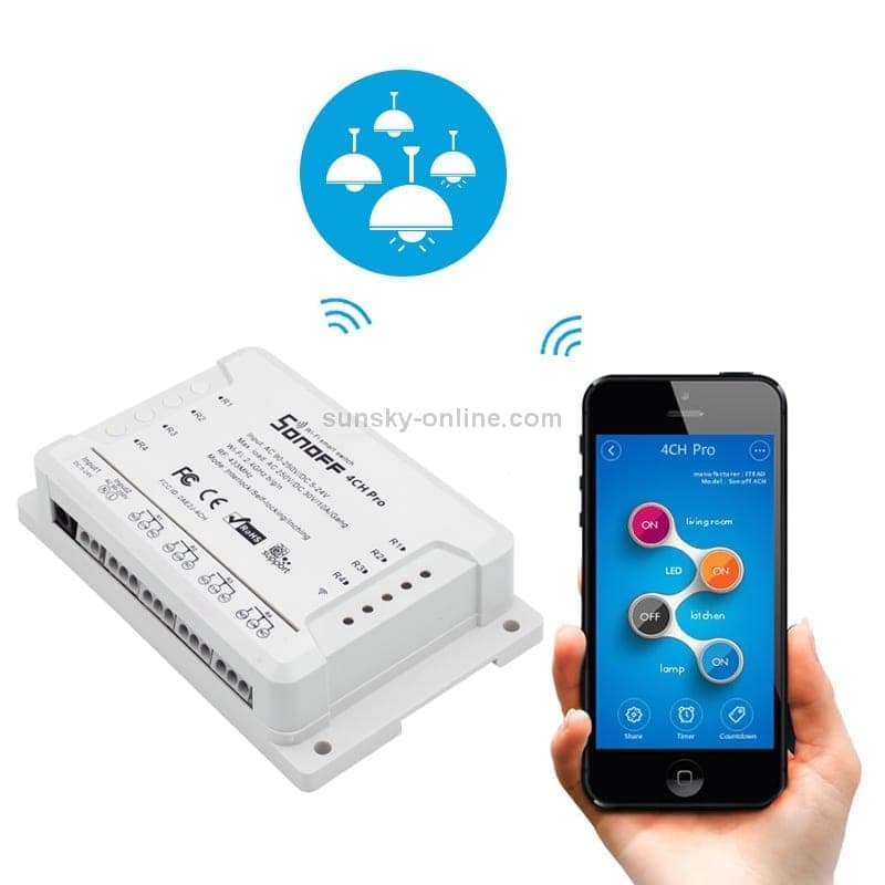 Sonoff 4CH Pro 433MHz Remote Control + WiFi Smart Timer Switch, Interlock / Self-locking, 3 Working Modes, Compatible with Alexa and Google Home, Support iOS and Android