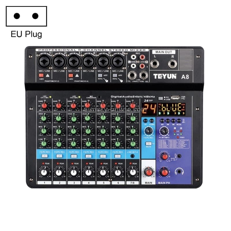 TEYUN NA8 8-channel Small Mixing Console Mobile Phone Sound Card Live Broadcast Computer Recording Console Processor, EU Plug (Black)