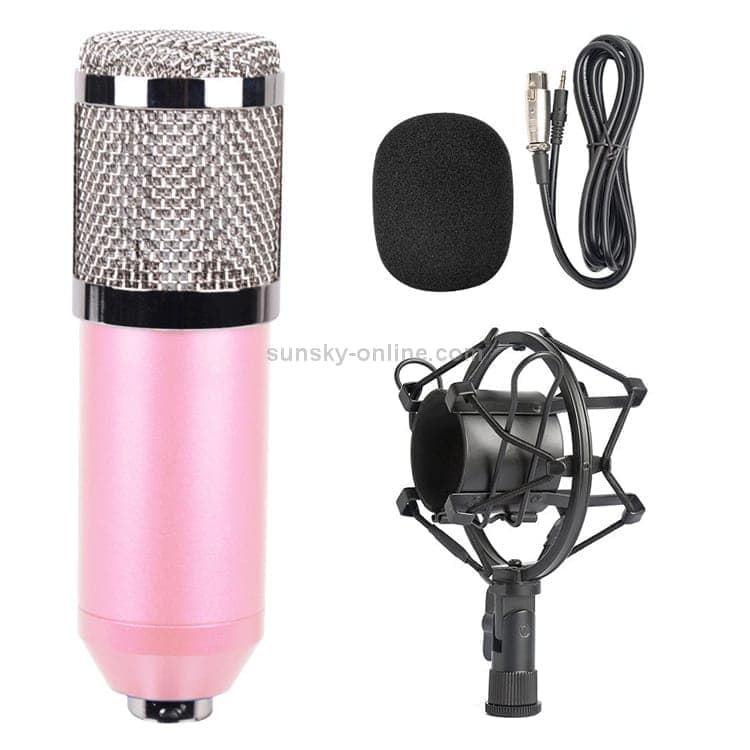BM-800 3.5mm Studio Recording Wired Condenser Sound Microphone with Shock Mount, Compatible with PC / Mac for Live Broadcast Show, KTV, etc. (Pink)