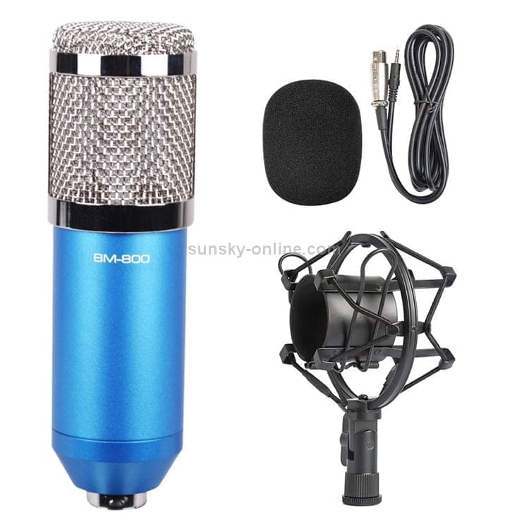 BM-800 3.5mm Studio Recording Wired Condenser Sound Microphone with Shock Mount, Compatible with PC / Mac for Live Broadcast Show, KTV, etc. (Blue)