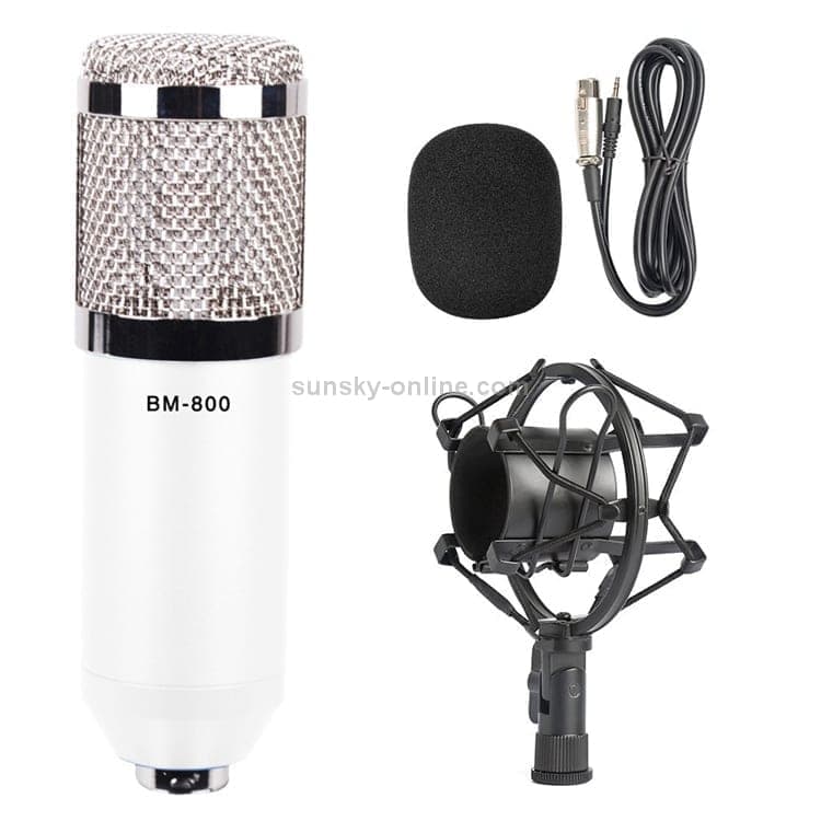 BM-800 3.5mm Studio Recording Wired Condenser Sound Microphone with Shock Mount, Compatible with PC / Mac for Live Broadcast Show, KTV, etc. (White)
