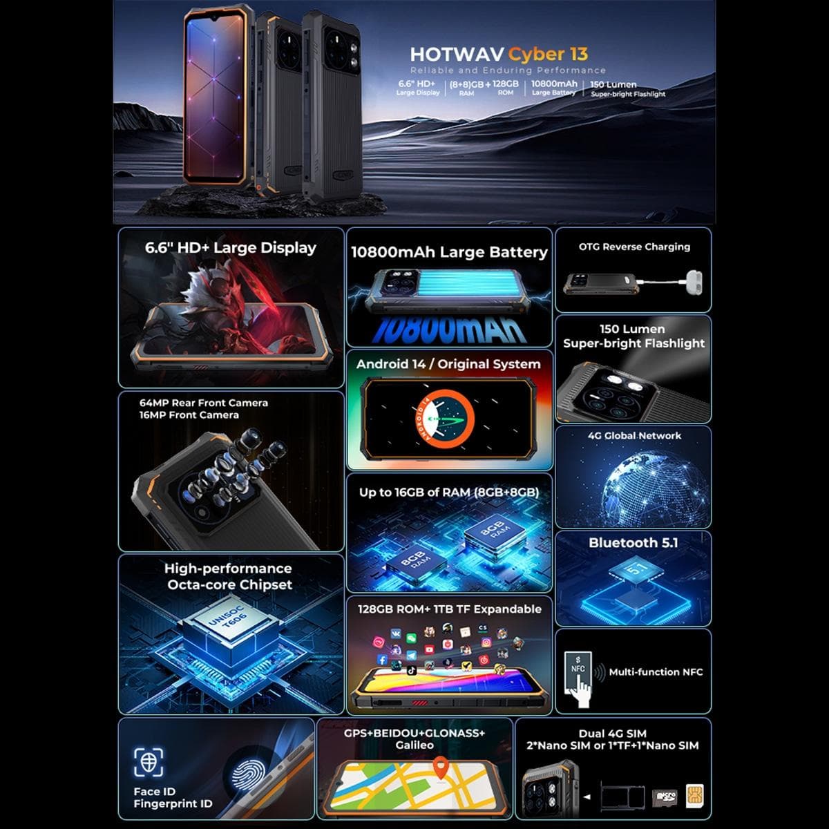 HOTWAV CYBER 13, IP68/IP69K Rugged Phone, 8GB+128GB, 10800mAh, 6.6 inch Android 14.0 Unisoc T606 Octa Core, Network: 4G, NFC, OTG (Black)