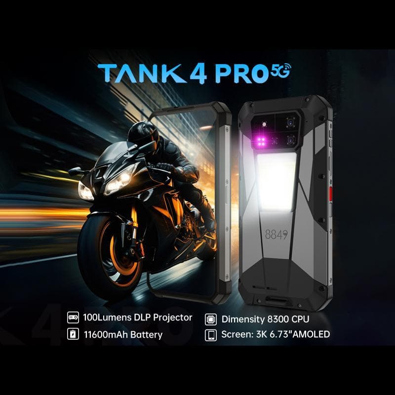 Unihertz Tank 4 Pro Projector Rugged Phone, 16GB+512GB, Night Vision, 6.73 inch Android 14 Dimensity 8300 Octa Core, Network: 5G, NFC (Black)