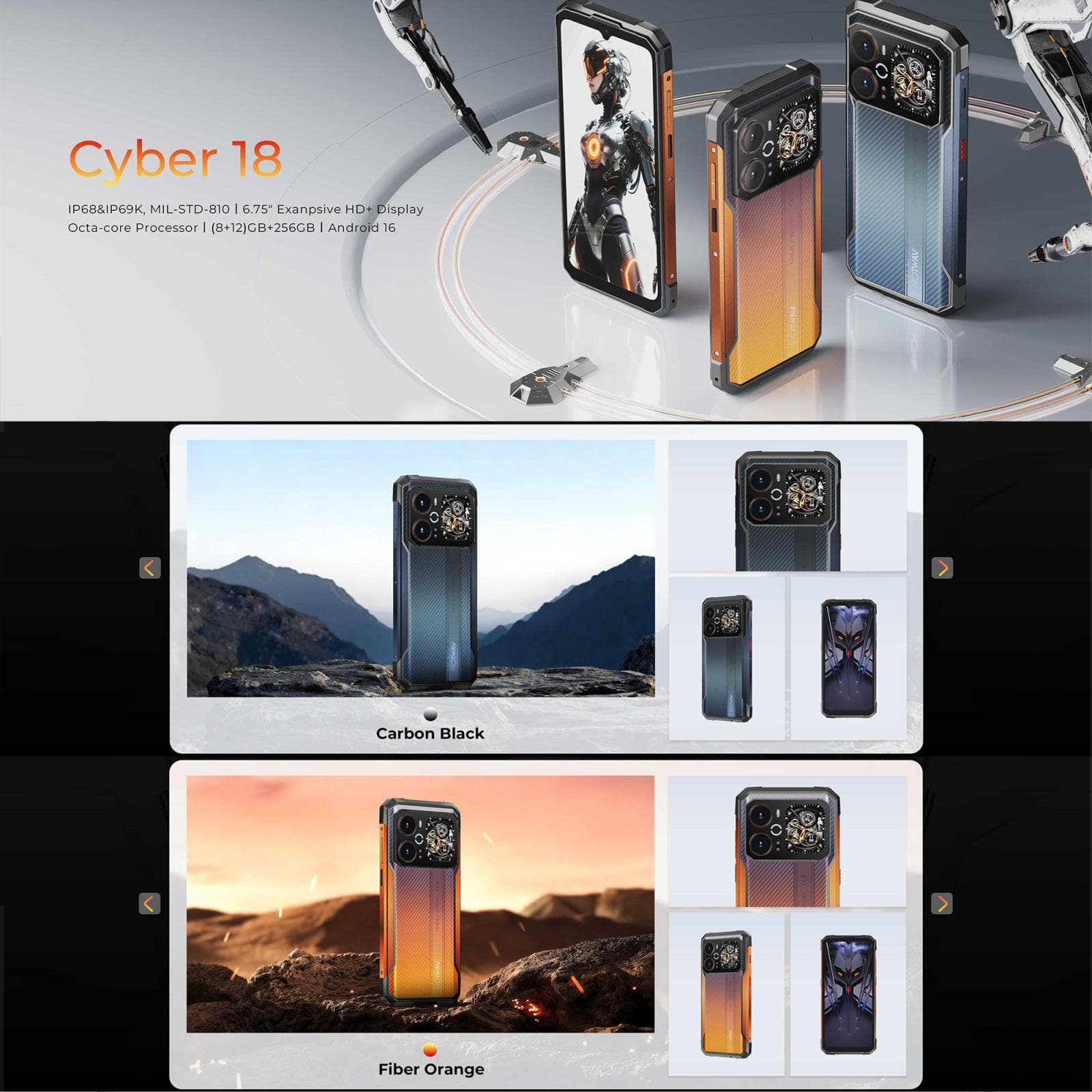 HOTWAV Cyber 18 Rugged Phone, 8GB+256GB, 6.75 inch Android 16 Unisoc T7250 UMS9230E Octa Core, Network: 4G, NFC, OTG (Orange)