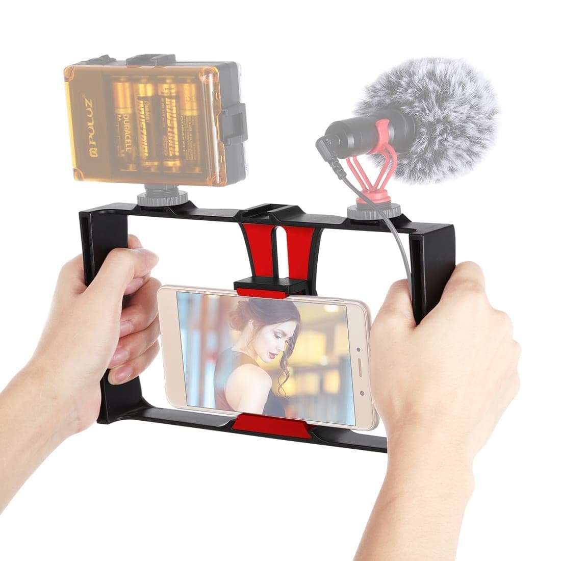 PULUZ Vlogging Live Broadcast Smartphone Video Rig Filmmaking Recording Handle Stabilizer Bracket for iPhone, Galaxy, Huawei, Xiaomi, HTC, LG, Google, and Other Smartphones (Red)