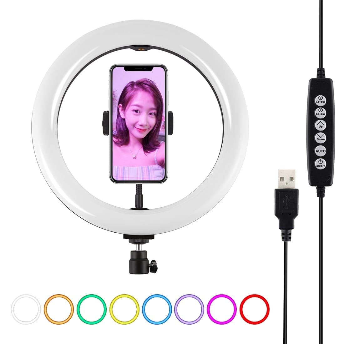 PULUZ 10.2 inch 26cm USB 10 Modes 8 Colors RGBW Dimmable LED Ring Vlogging Photography Video Lights with Tripod Ball Head & Phone Clamp (Black)