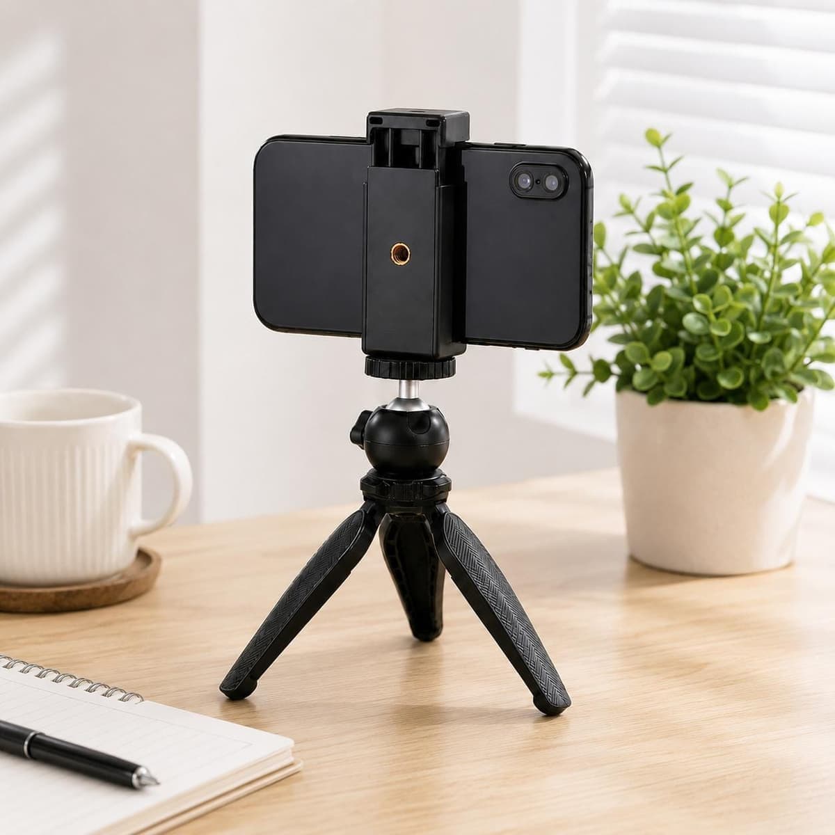 PULUZ Selfie Sticks Tripod Mount Phone Clamp with 1/4 inch Screw Holes & Cold Shoe Base (Black)