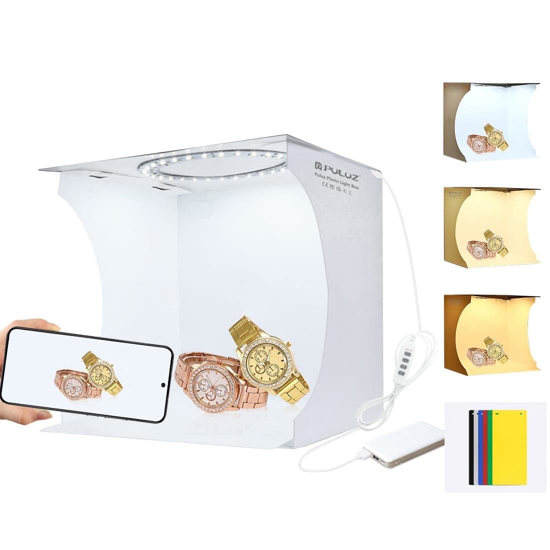 PULUZ 23cm Ring LED Panel Folding Portable Light Photo Lighting Studio Shooting Tent Box Kit with 6 Colors Backdrops (Black, White, Yellow, Red, Green, Blue), Unfold Size: 24cm x 23cm x 23cm