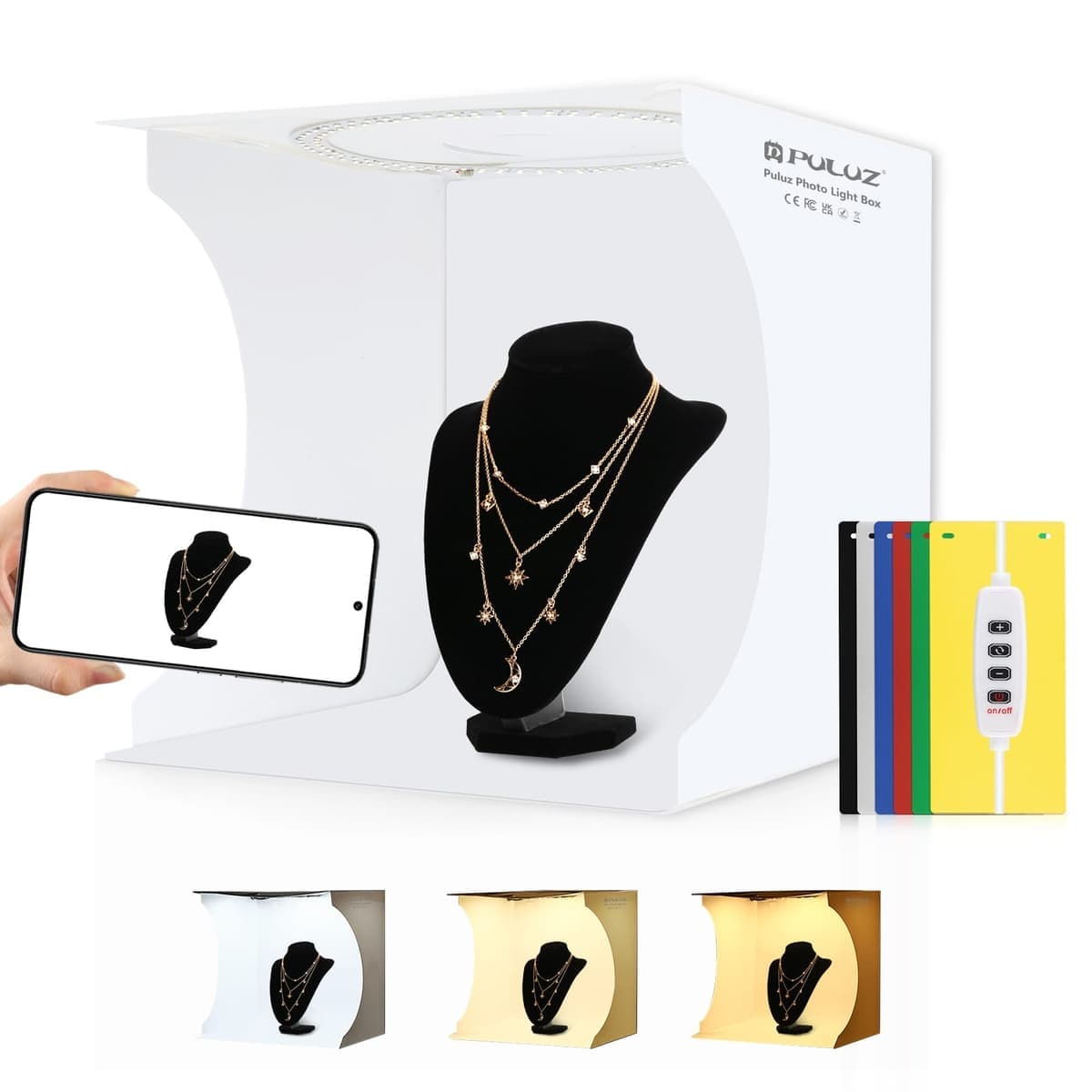 PULUZ 30cm Folding Portable Ring Light Board Photo Lighting Studio Shooting Tent Box Kit with 6 Colors Backdrops (Black, White, Yellow, Red, Green, Blue), Unfold Size: 31cm x 31cm x 32cm