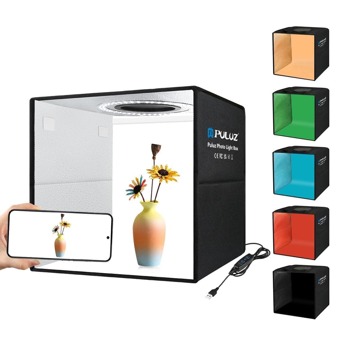 PULUZ 30cm Folding Ring Light Photo Lighting Studio Shooting Tent Box Kit with 6 Colors Black / White / Orange / Red / Green / Blue Backdrops, Unfold Size: 30cm x 30cm x 30cm, Unfold Size: 30cm x 30cm x 30cm (Black)