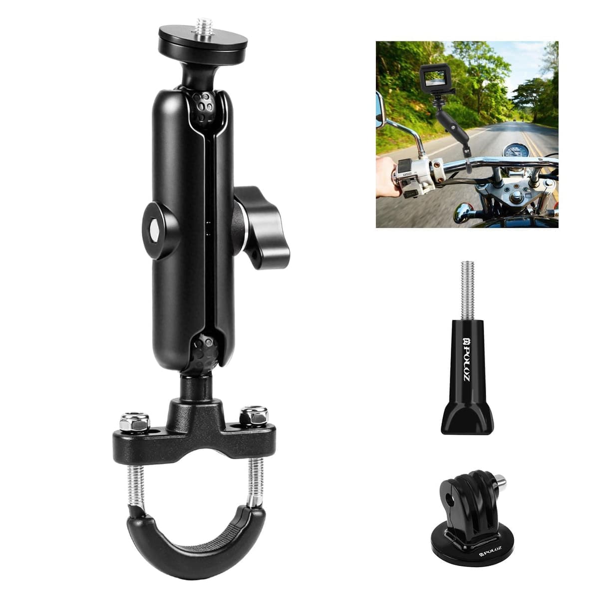 PULUZ Motorcycle Handlebar Fixed Mount U-Bolt Base Holder for DJI, Insta360, GoPro and Other Action Cameras (Black)