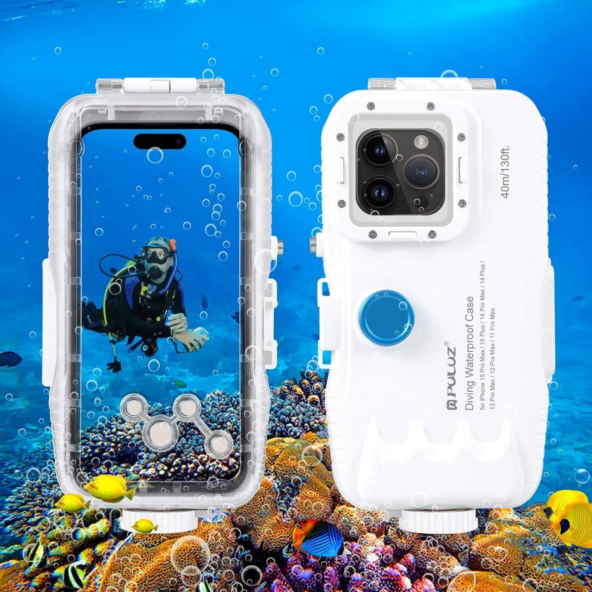 PULUZ 40m/130ft Waterproof Diving Case for iPhone 15 Pro Max / 15 Plus / 14 Plus / 14 Pro Max / 13 Pro Max / 12 Pro Max / 11 Pro Max, with One-way Valve Photo Video Taking Underwater Housing Cover (White)