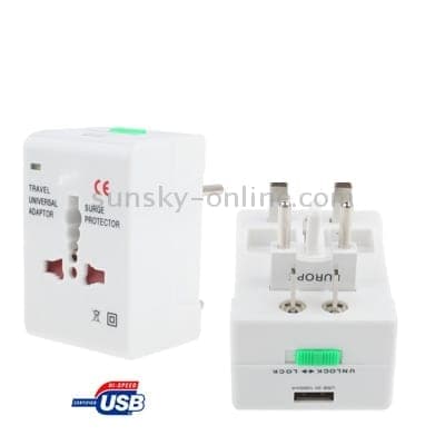 Universal US / EU / AU / UK Travel AC Power Adaptor Plug with USB Charger Socket (White)