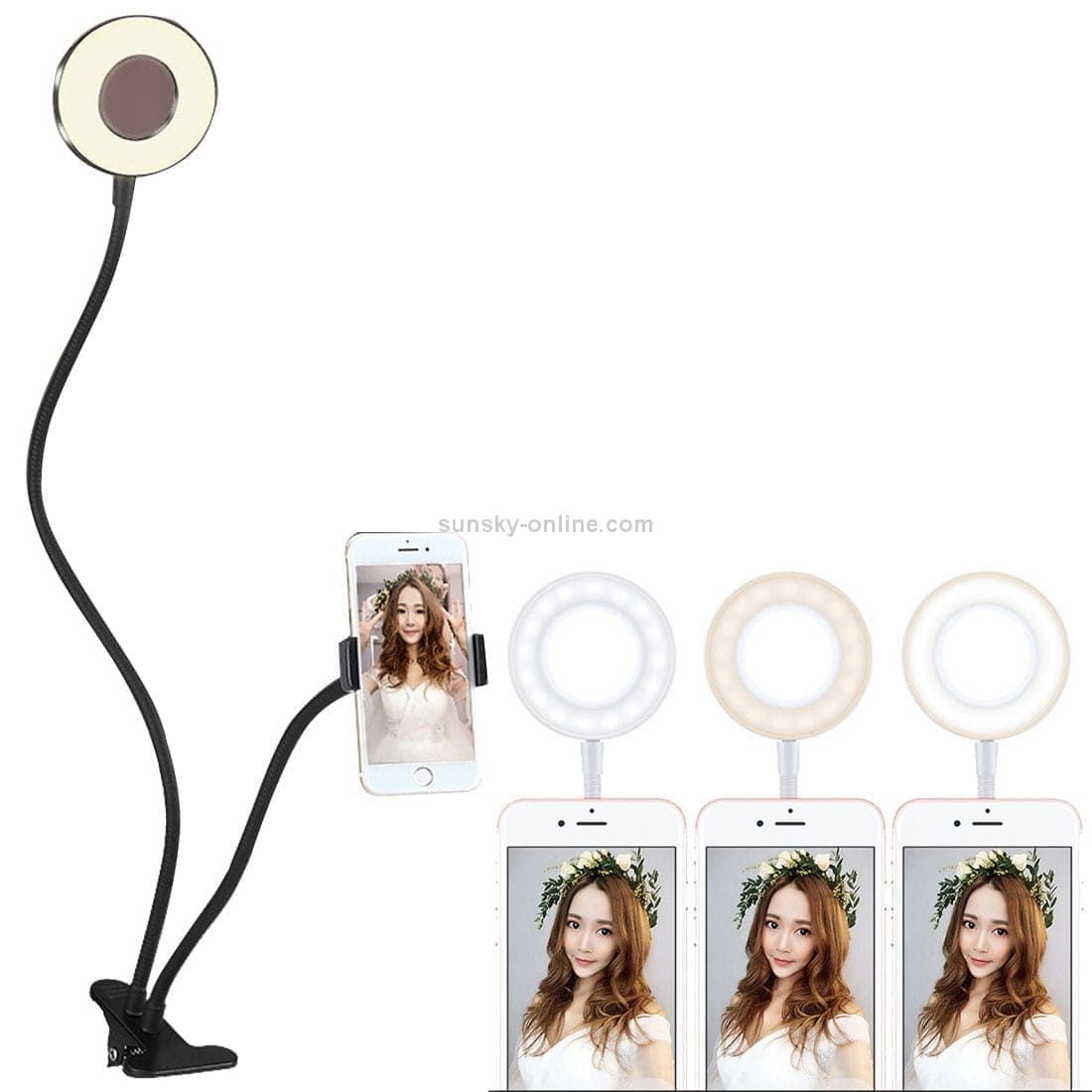 Clip Style Universal Cell Phone Holder Bracket Selfie Ring Light with 3-Color Light Adjustment, for Studio Recording, Live Broadcast, Live Show, KTV, etc. (Black)