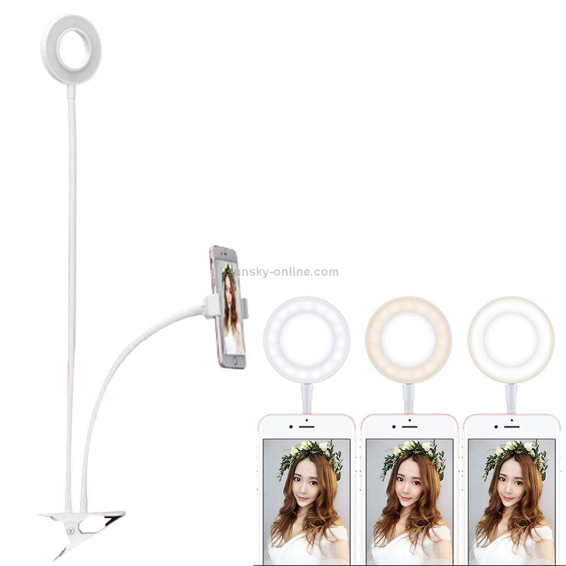Clip Style Universal Cell Phone Holder Bracket Selfie Ring Light with 3-Color Light Adjustment, for Studio Recording, Live Broadcast, Live Show, KTV, etc. (White)