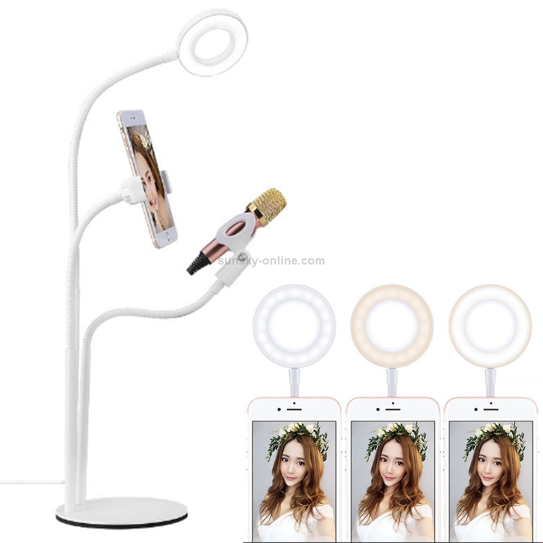 Universal Cell Phone Holder Bracket Selfie Ring Light with Microphone Clip & 3-Color Light Adjustment, for Studio Recording, Live Broadcast, Live Show, KTV, etc. (White)