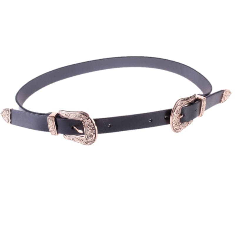 Women Black Leather Western Cowgirl Waist Metal Buckle Waistband New Hot Gold double buckle black bottom