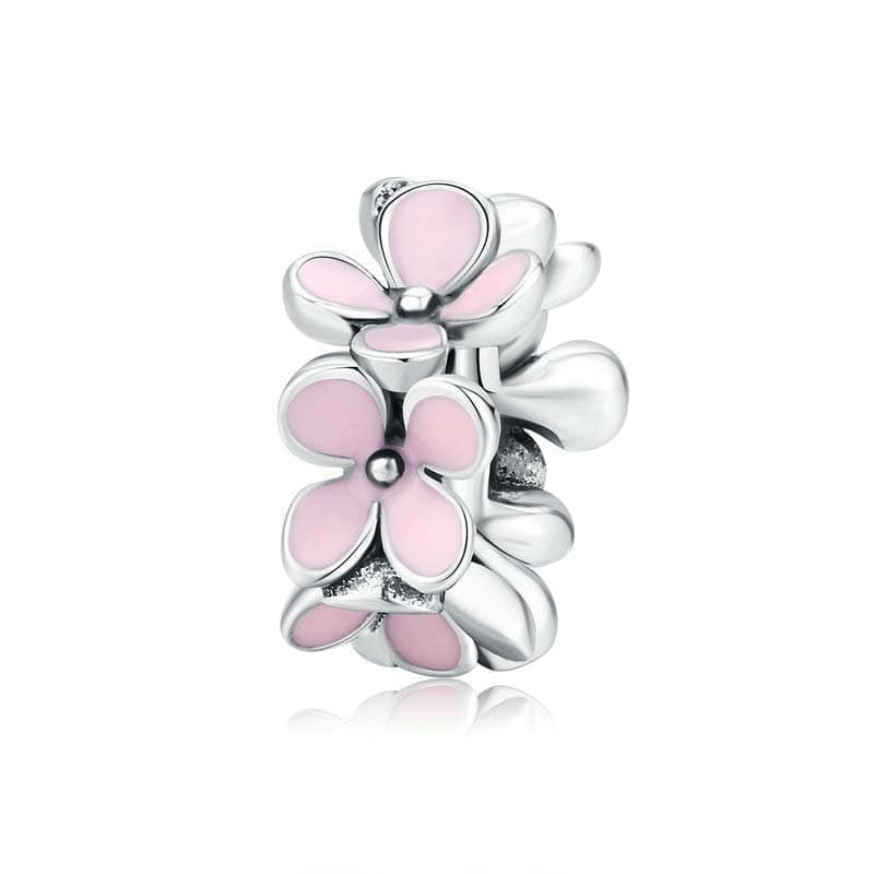 925 Sterling Silver Pink Enamel Flower Charm Women Bracelet DIY Jewelry Beads