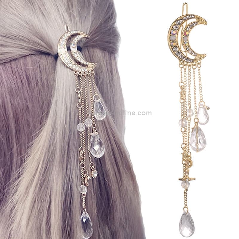 Fashion Elegant Women Lady Moon Rhinestone Crystal Tassel Long Chain Beads Dangle Hairpin Hair Clip Hair Jewelry (Gold)