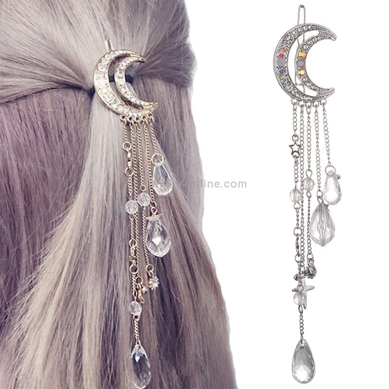 Fashion Elegant Women Lady Moon Rhinestone Crystal Tassel Long Chain Beads Dangle Hairpin Hair Clip Hair Jewelry (Silver)