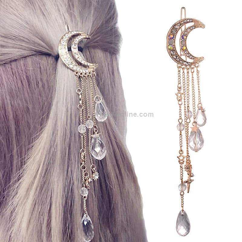 Fashion Elegant Women Lady Moon Rhinestone Crystal Tassel Long Chain Beads Dangle Hairpin Hair Clip Hair Jewelry (Rose Gold)