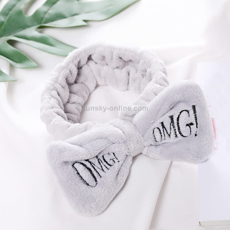 Women New Letter "OMG" Coral Fleece Soft Bow Headbands Cute Hair Holder Headwear Hair Accessories (Gray)
