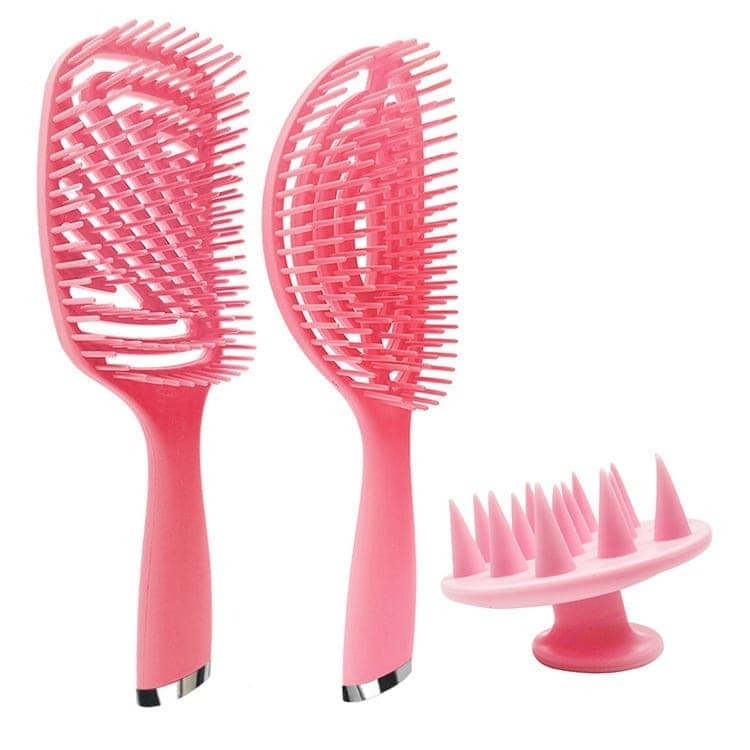 3 in 1 Plastic Curly Hair Salon Comb Set Hollow Massage Comb (Pink)