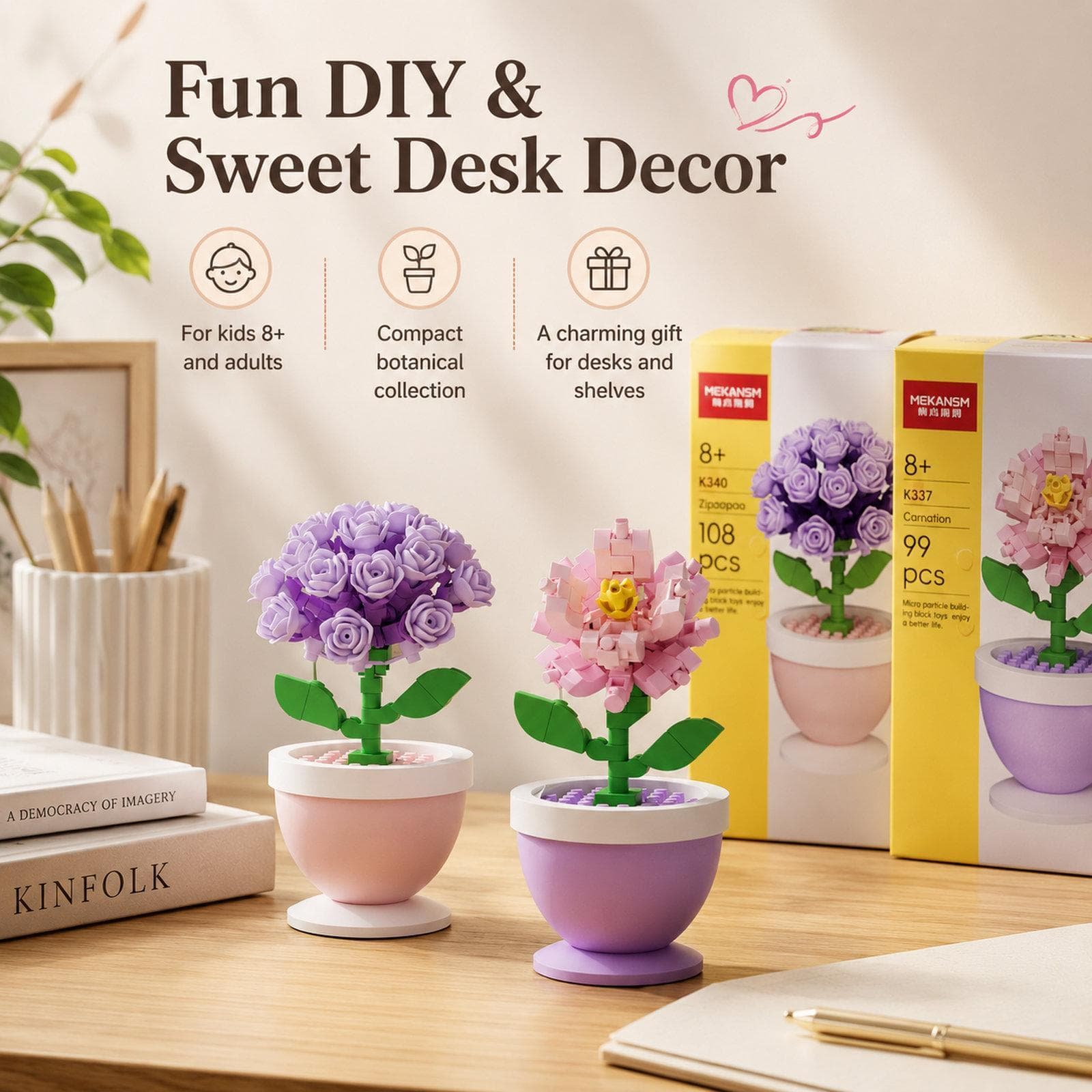 MEKANSM Mini Flower Building Blocks Micro Building Bricks Potted Plant Small Botanical Collection Desk Decor DIY Toy for Kids 8+ and Adults(K337 Carnation)