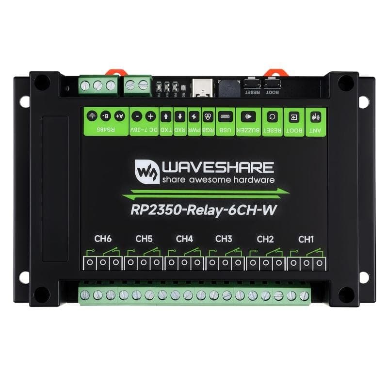 WAVESHARE RP2350 Industrial Control Board 6-Channel Relay Module, Based On RP2350 Microcontroller, Supports Wxternal Interfaces RS485 And Pico