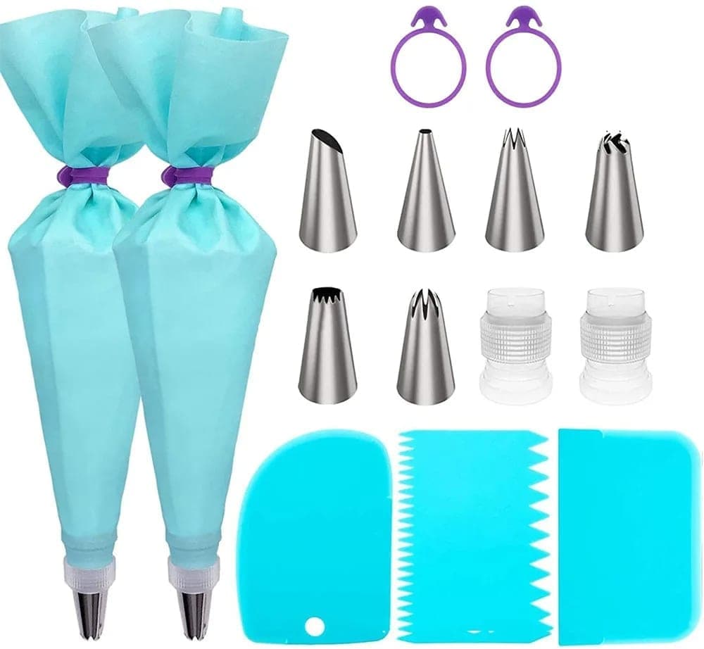 15 In 1 Silicone Icing Piping Cream Pastry Bag Stainless Steel Cake Nozzle Set (Blue)
