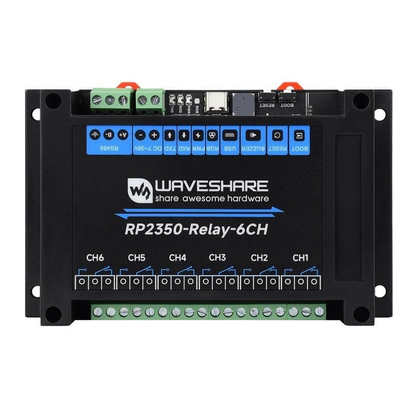 WAVESHARE RP2350 Industrial Control Board 6-Channel Relay Module, Based On RP2350 Microcontroller, Supports Wxternal Interfaces RS485 And Pico