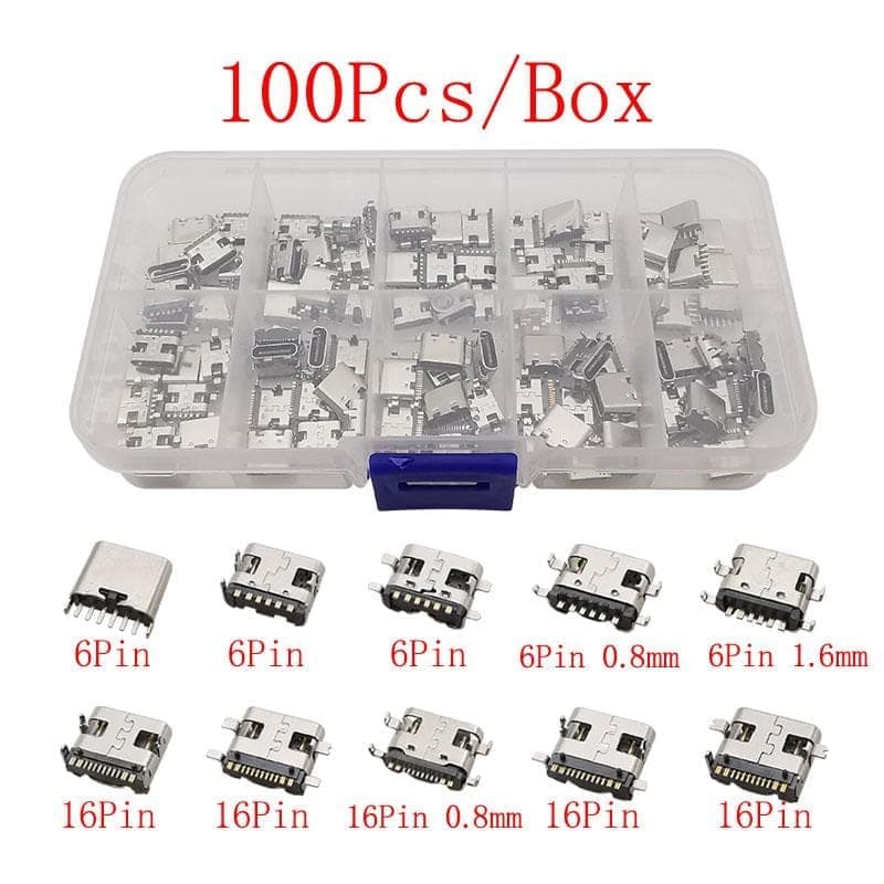100pcs /Box Assorted USB Type C Female Connectors, 10 Variations 6P/16P SMT & Through-Hole Sockets, USB 3.1 Fast Charge