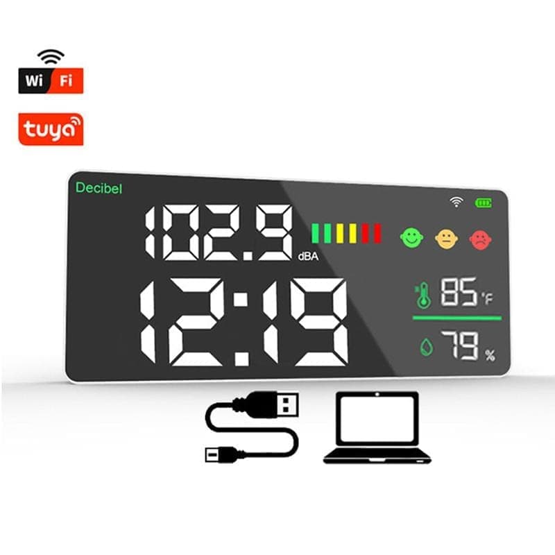 Tuya Smart 5-in-1 Wall-Mounted Noise Decibel Meter With Temperature, Humidity and Time Display, Spec: Upgraded