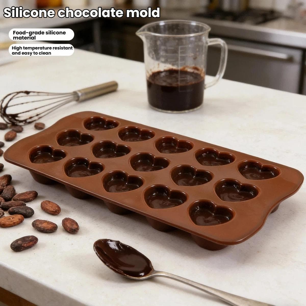 LsCook Food-grade Silicone Heart-Shaped Chocolate Mold(15-Link Brown)