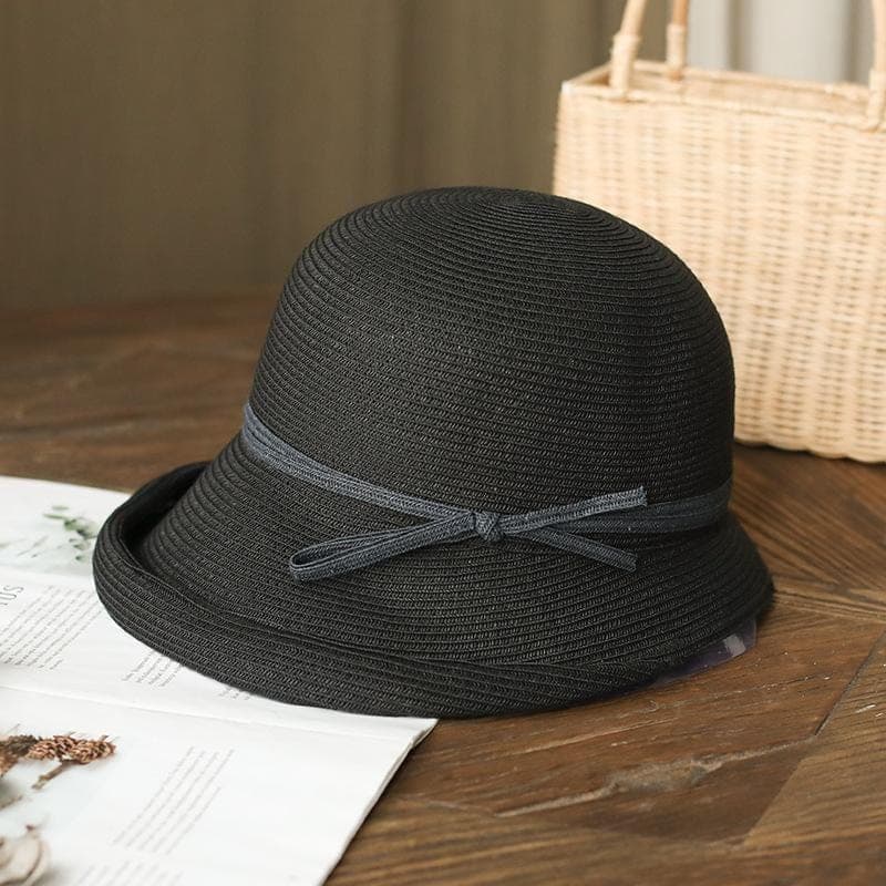 Vintage Straw Sun Hat for Women Foldable Retro Cloche Hat with Ribbon Bow Adjustable Summer Beach Cap (Black)