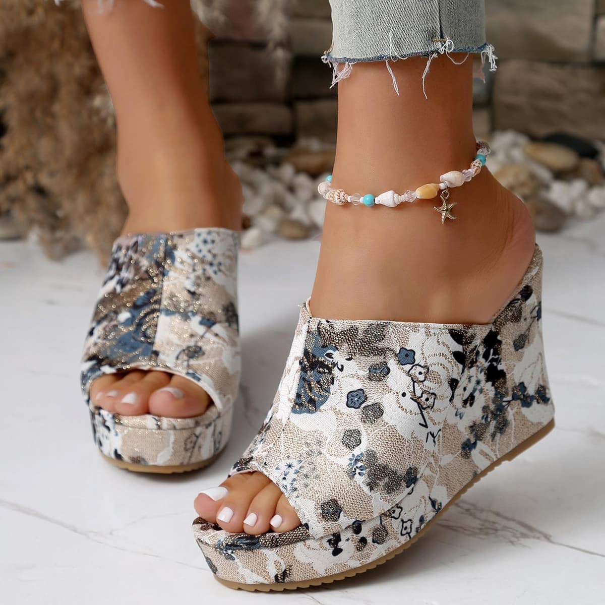 Womens Wedge Sandals Peep Toe Floral Platform Slide Slippers 10cm High Heel Summer Mules, Size: 37 (Black)