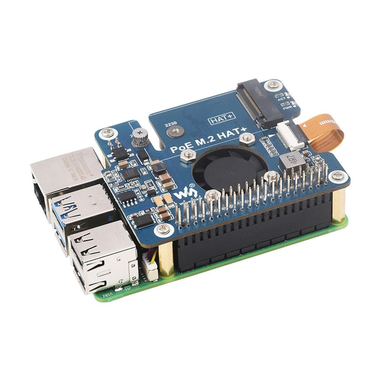WAVESHARE For Raspberry Pi 5 PCIe To M.2 Adapter With PoE Function Supports NVMe Protocol M.2 Solid State Drive With Connector Pins